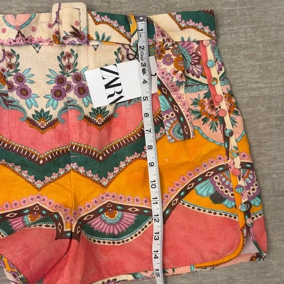 Zara NWT High Waist Floral Patterned Shorts Belted Linen Blend large - Picture 12 of 15